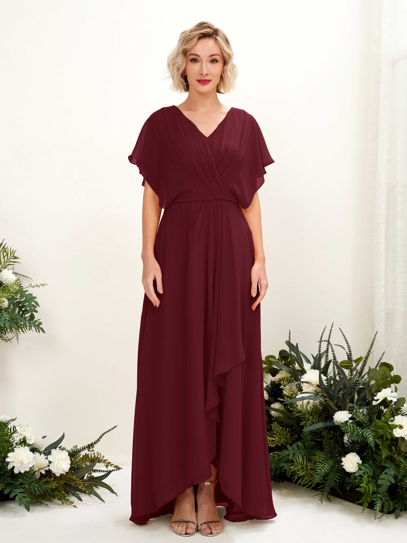 Carlyna A-Linien-Kleid V-Ausschnitt Flatterärmel Bodenlang Brautjungfernkleid Burgunderrot #farbe_burgunderrot
