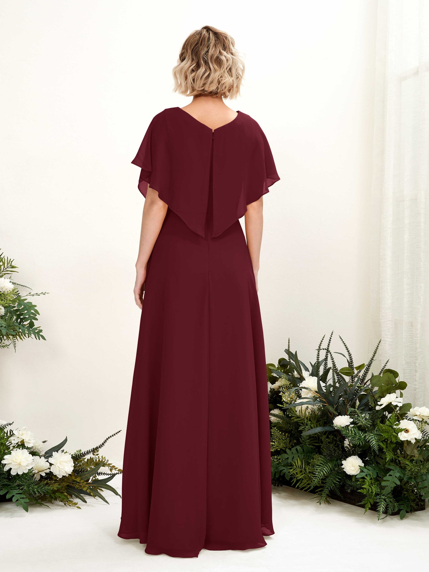 Carlyna A-Linien-Kleid V-Ausschnitt Flatterärmel Bodenlang Brautjungfernkleid Burgunderrot #farbe_burgunderrot