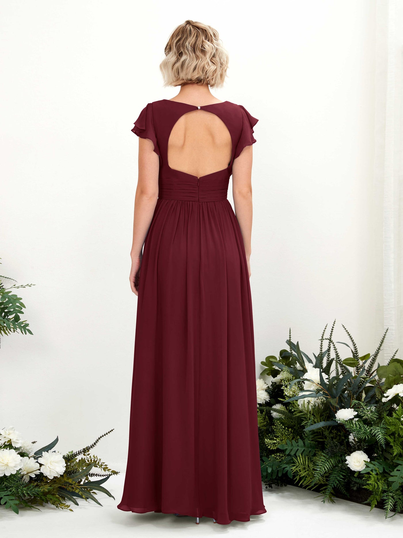 Carlyna A-Linien-Kleid V-Ausschnitt Flatterärmel Bodenlang Brautjungfernkleid Burgunderrot #farbe_burgunderrot