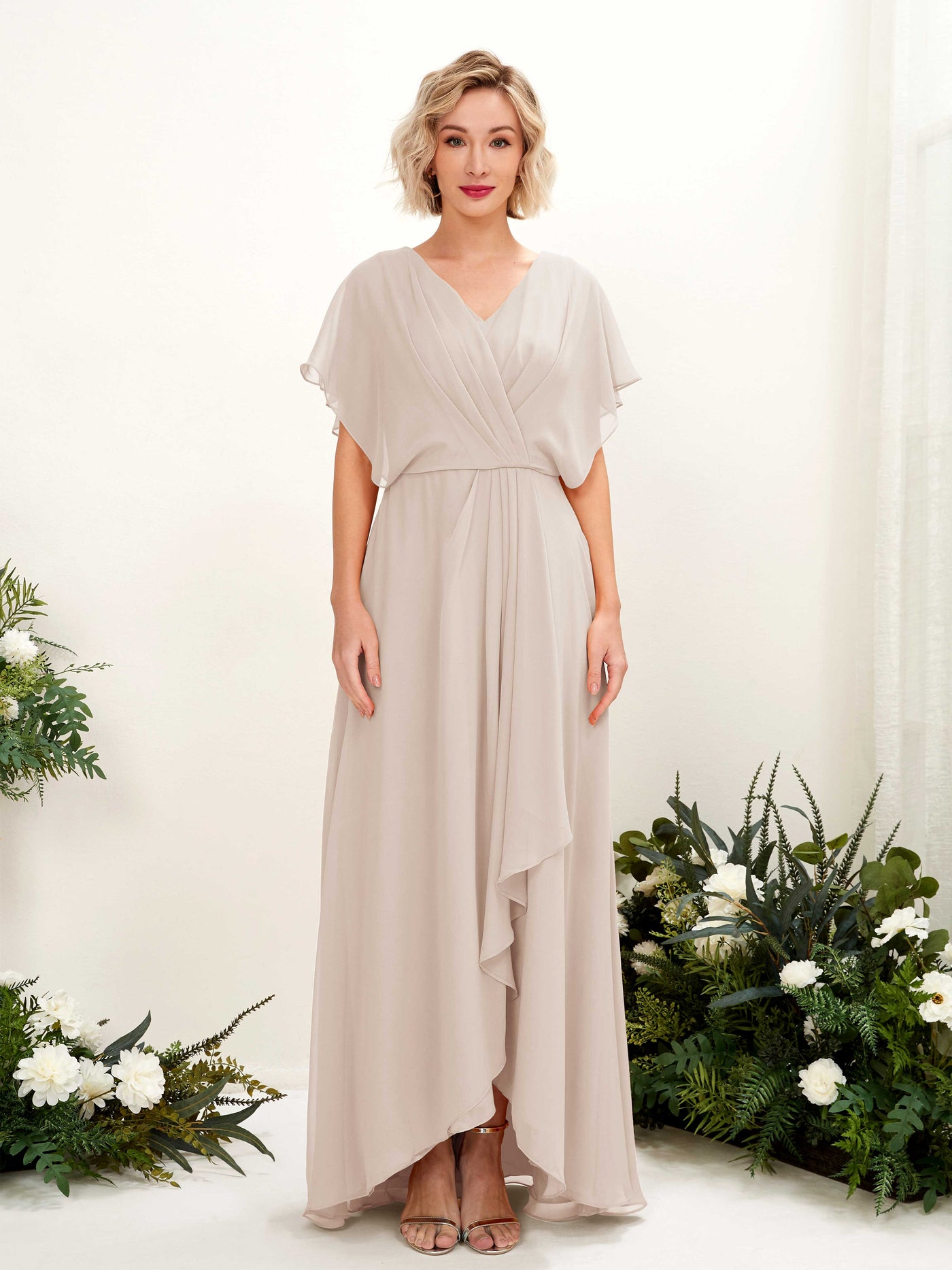 Carlyna A-Linien-Kleid V-Ausschnitt Flatterärmel Bodenlang Brautjungfernkleid Champagner #farbe_champagner