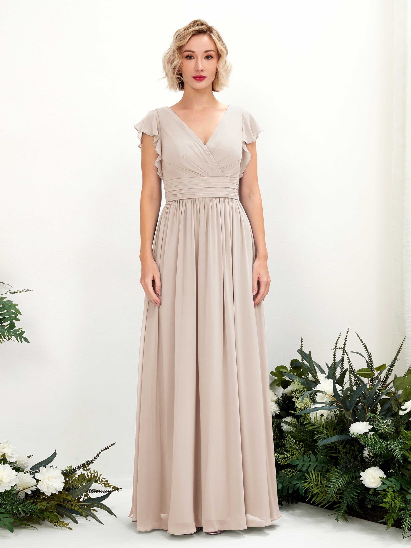 Carlyna A-Linien-Kleid V-Ausschnitt Flatterärmel Bodenlang Brautjungfernkleid Champagner #farbe_champagner