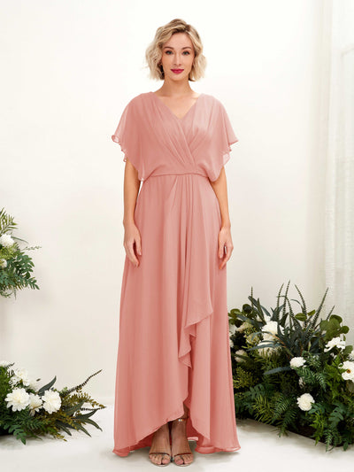 Carlyna A-Linien-Kleid V-Ausschnitt Flatterärmel Bodenlang Brautjungfernkleid Champagner-Rose #farbe_champagner-rose