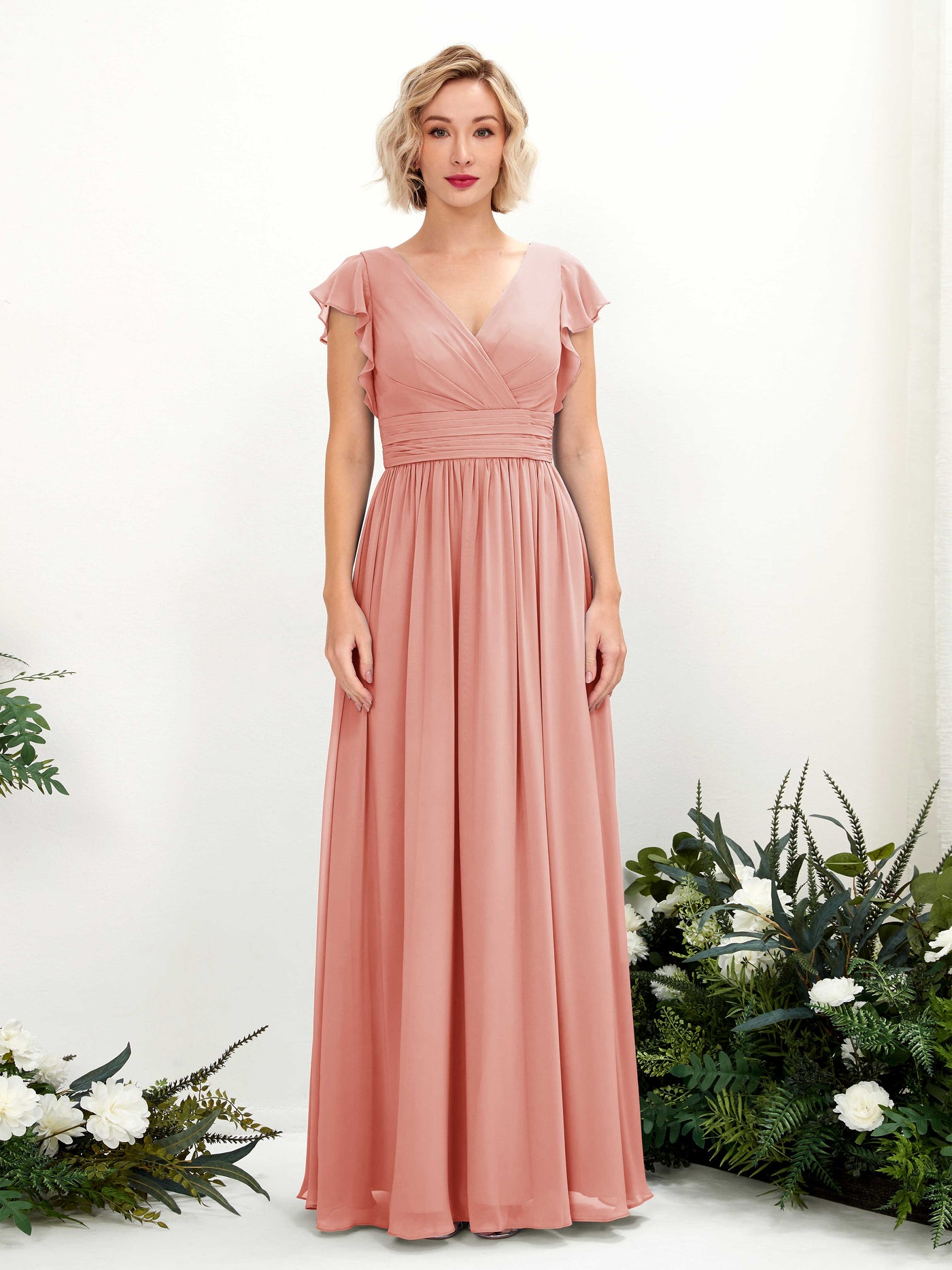 Carlyna A-Linien-Kleid V-Ausschnitt Flatterärmel Bodenlang Brautjungfernkleid Champagner-Rose #farbe_champagner-rose