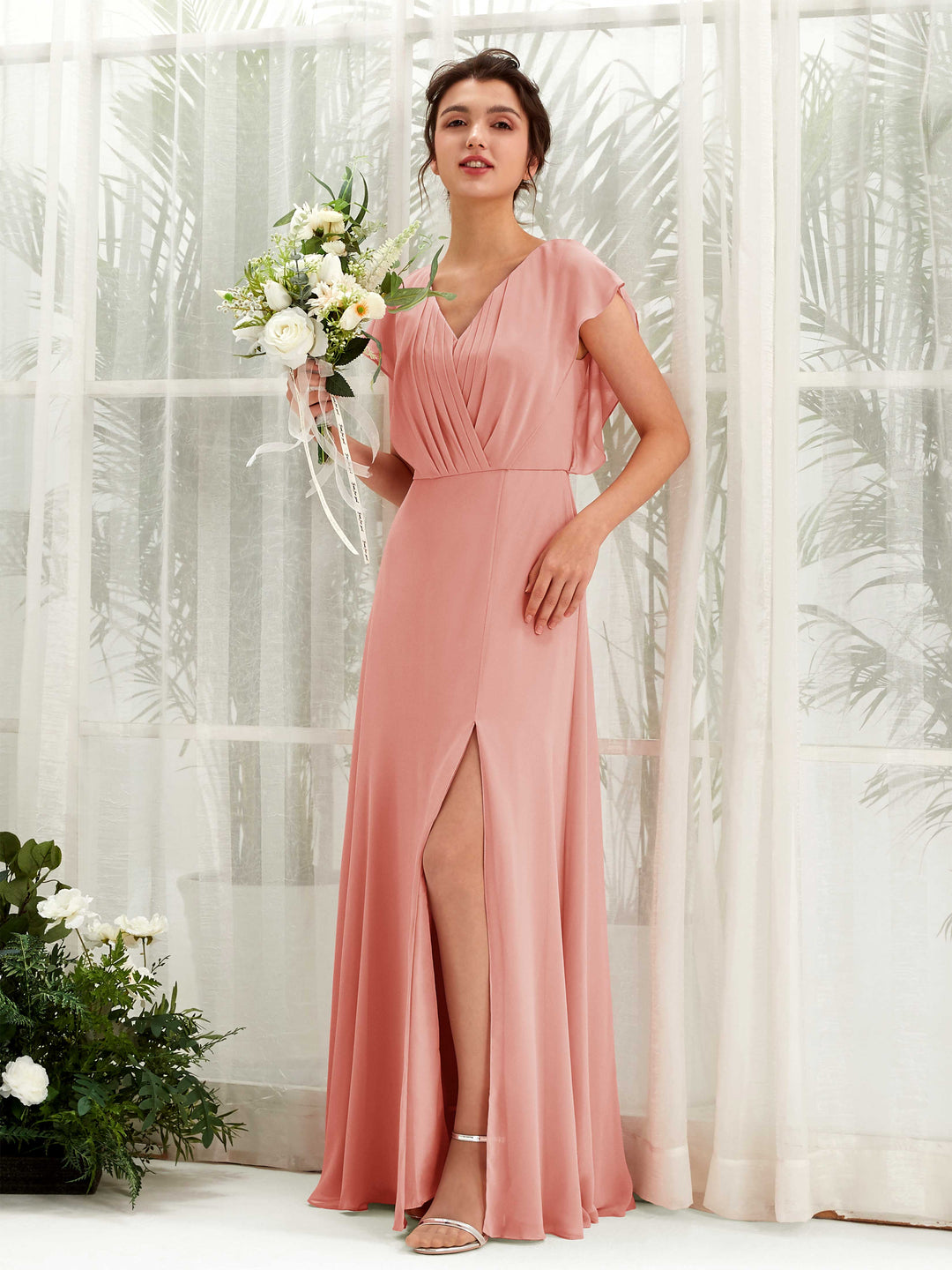Carlyna A-Linien-Kleid V-Ausschnitt Flatterärmel Bodenlang Brautjungfernkleid Champagner-Rose 