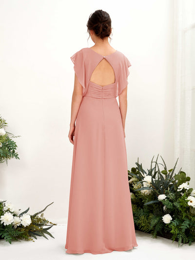 Carlyna A-Linien-Kleid V-Ausschnitt Flatterärmel Bodenlang Brautjungfernkleid Champagner-Rose #farbe_champagner-rose