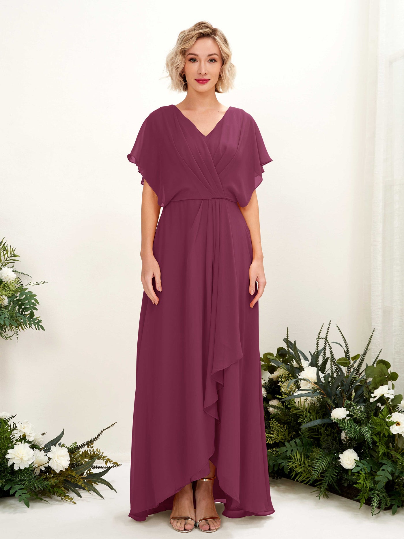 Carlyna A-Linien-Kleid V-Ausschnitt Flatterärmel Bodenlang Brautjungfernkleid Chianti #farbe_chianti