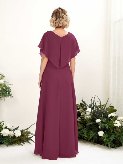 Carlyna A-Linien-Kleid V-Ausschnitt Flatterärmel Bodenlang Brautjungfernkleid Chianti #farbe_chianti