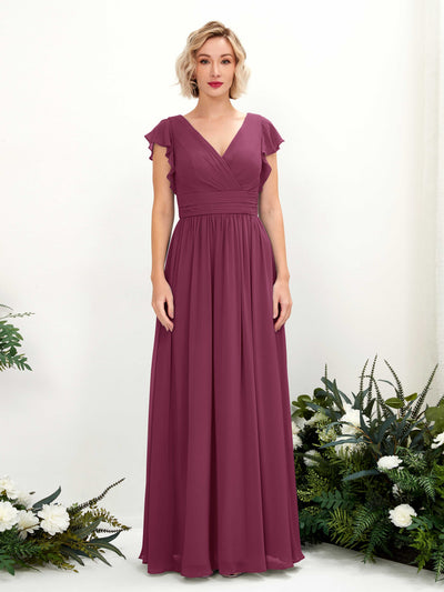 Carlyna A-Linien-Kleid V-Ausschnitt Flatterärmel Bodenlang Brautjungfernkleid Chianti #farbe_chianti