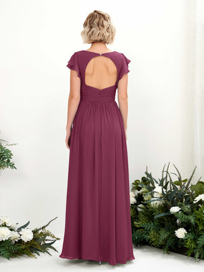 Carlyna A-Linien-Kleid V-Ausschnitt Flatterärmel Bodenlang Brautjungfernkleid Chianti #farbe_chianti