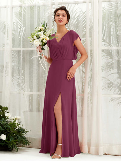 Carlyna A-Linien-Kleid V-Ausschnitt Flatterärmel Bodenlang Brautjungfernkleid Chianti #farbe_chianti