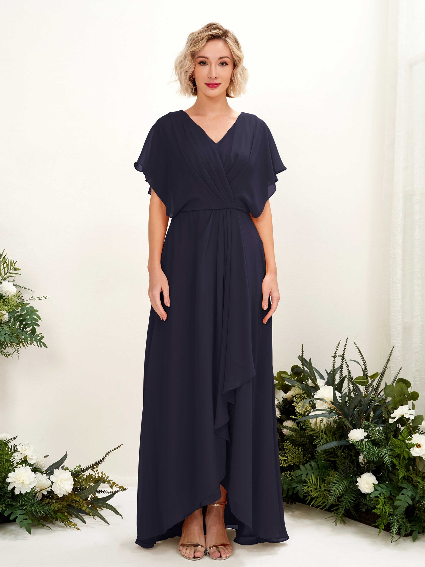 Carlyna A-Linien-Kleid V-Ausschnitt Flatterärmel Bodenlang Brautjungfernkleid Dunkel Marineblau #farbe_dunkel-marineblau