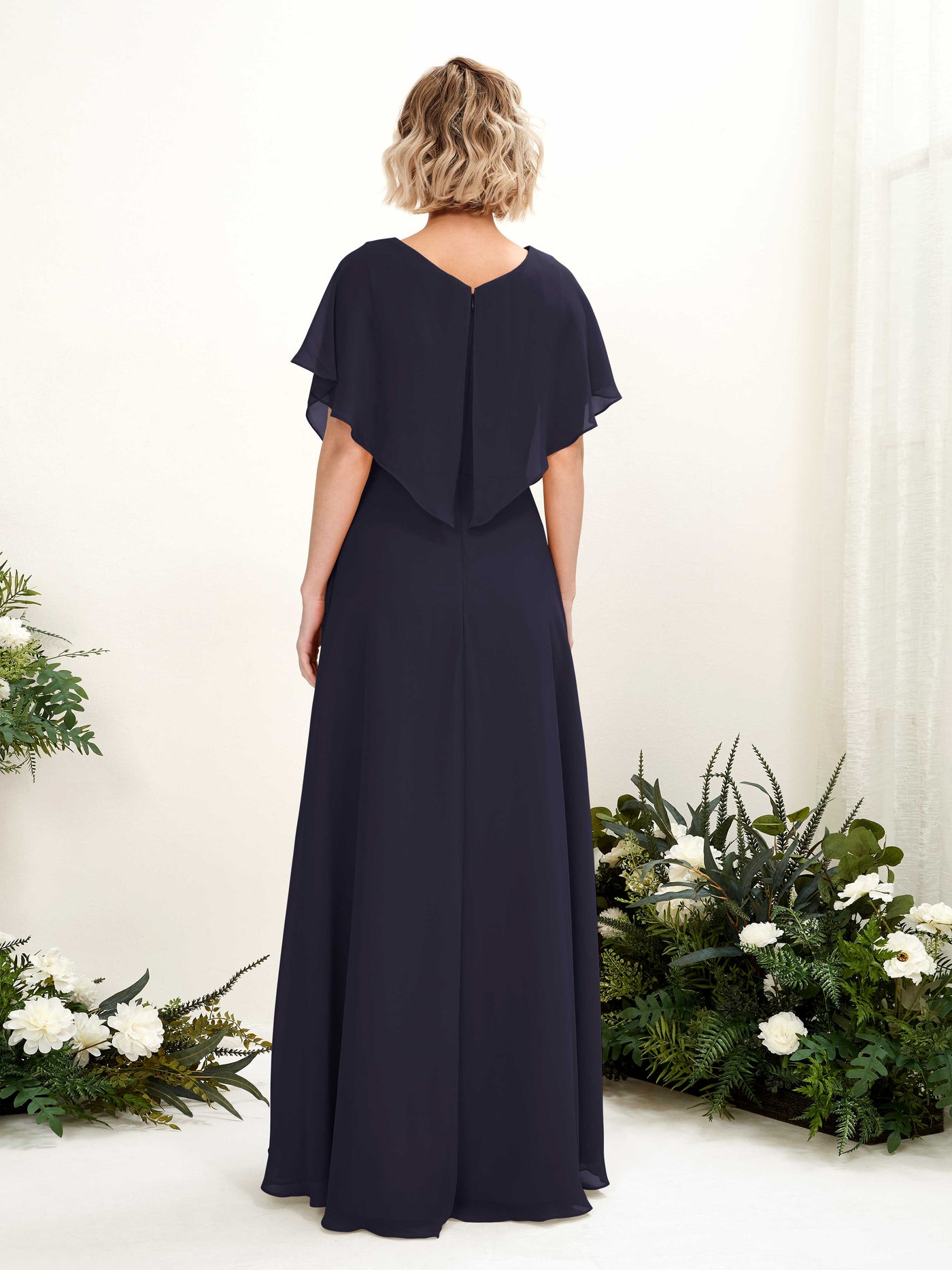 Carlyna A-Linien-Kleid V-Ausschnitt Flatterärmel Bodenlang Brautjungfernkleid Dunkel Marineblau #farbe_dunkel-marineblau