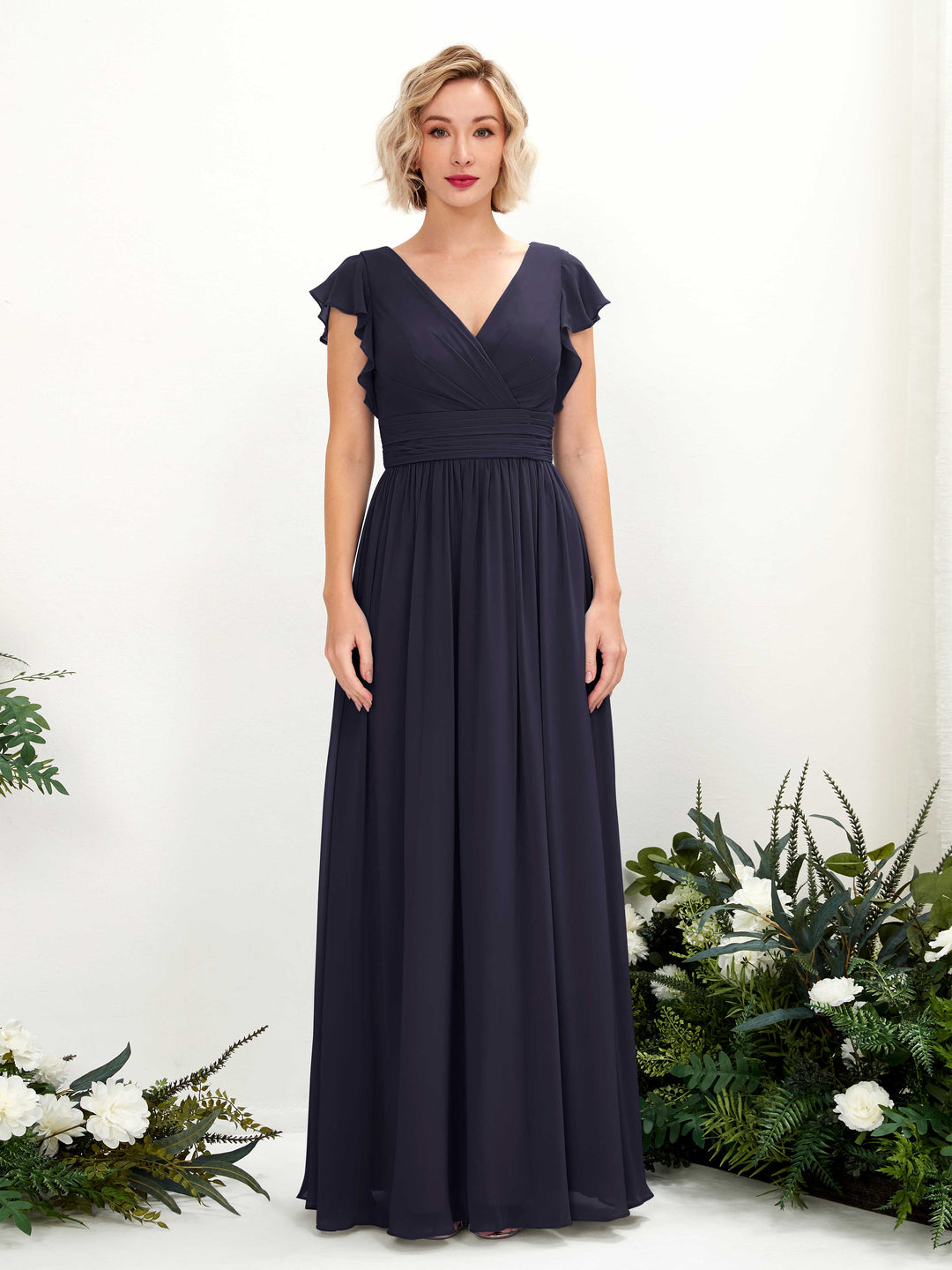 Carlyna A-Linien-Kleid V-Ausschnitt Flatterärmel Bodenlang Brautjungfernkleid Dunkel Marineblau 
