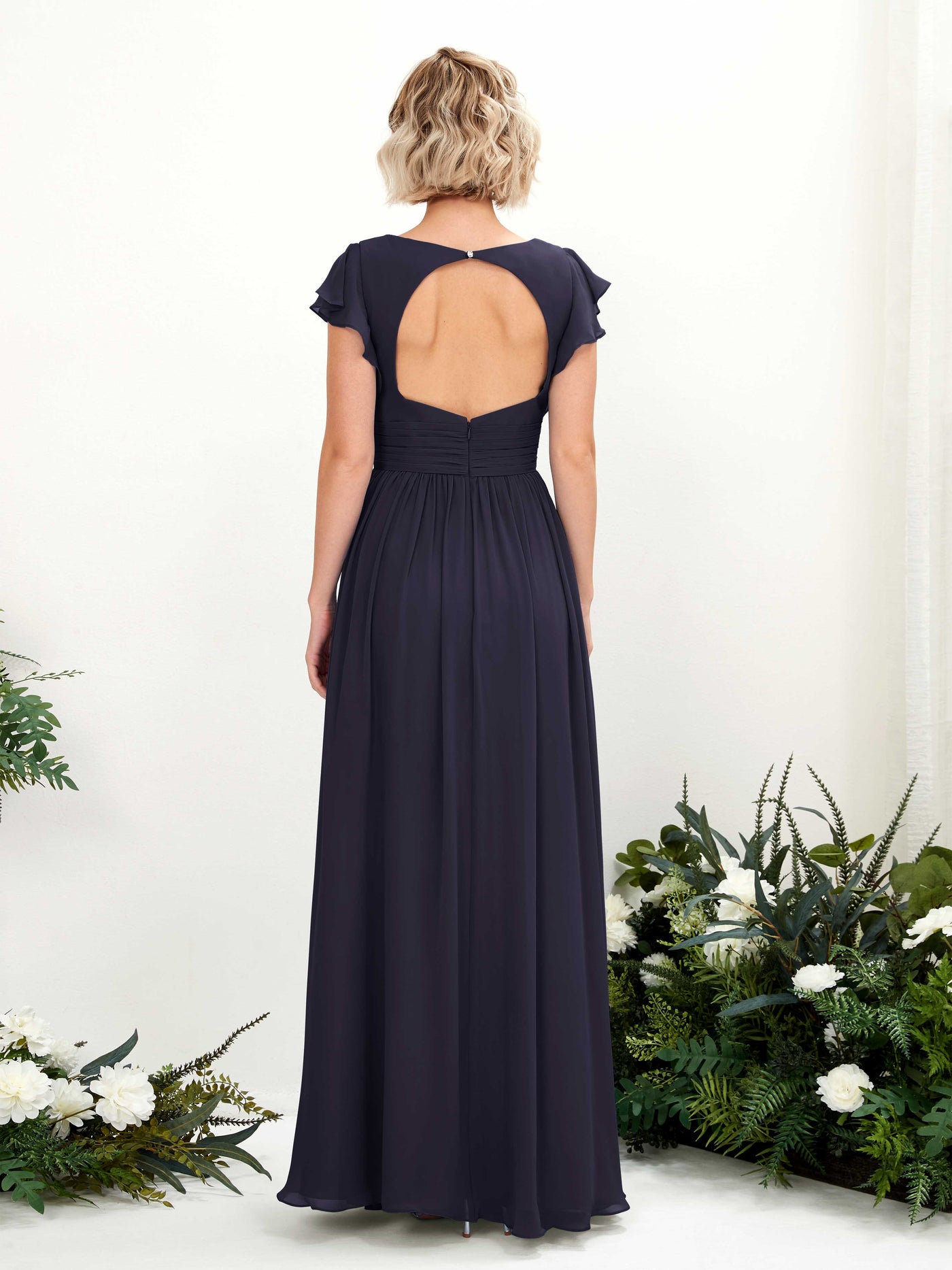 Carlyna A-Linien-Kleid V-Ausschnitt Flatterärmel Bodenlang Brautjungfernkleid Dunkel Marineblau #farbe_dunkel-marineblau
