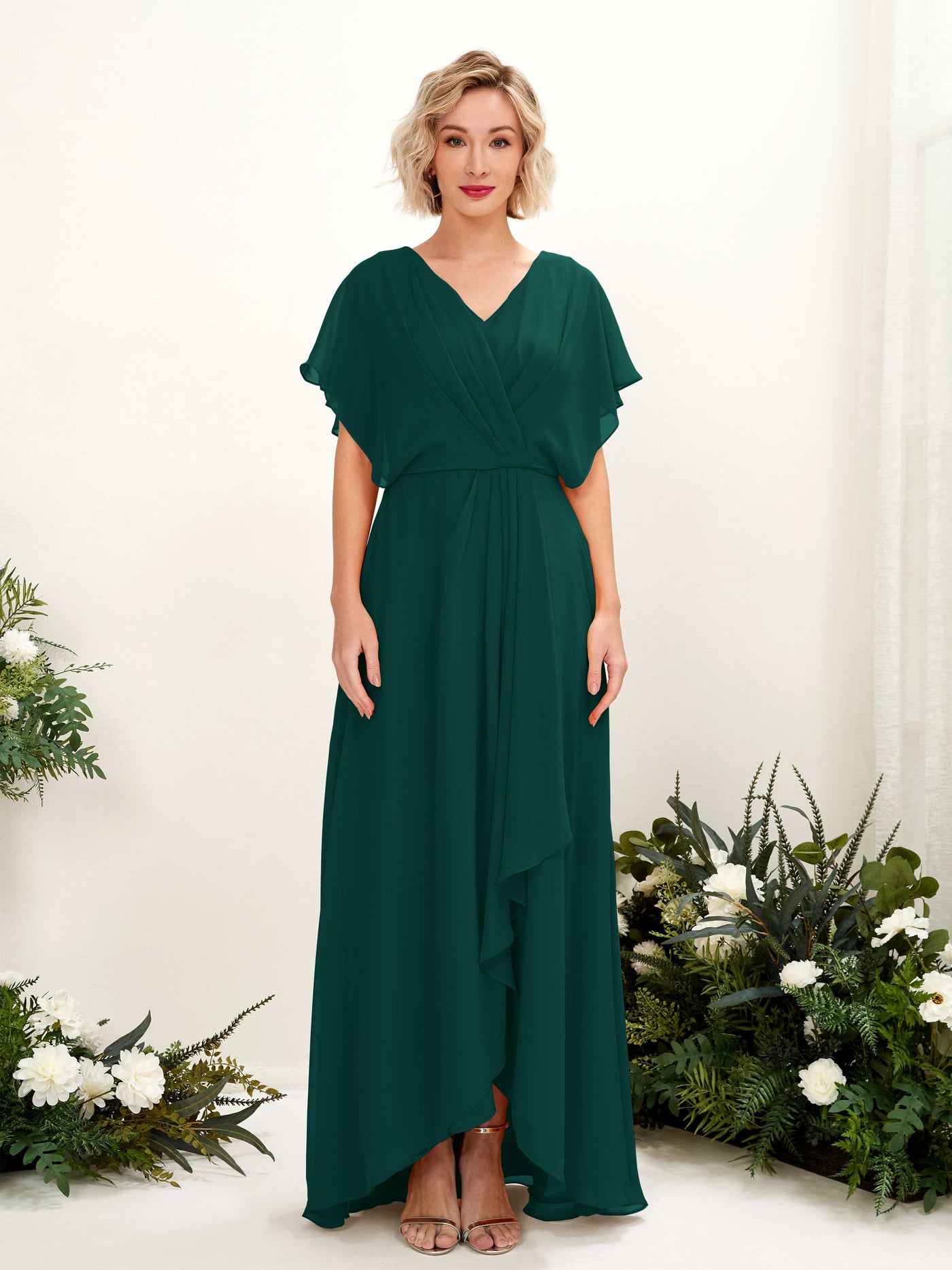 Carlyna A-Linien-Kleid V-Ausschnitt Flatterärmel Bodenlang Brautjungfernkleid Dunkelsmaragd #farbe_dunkelsmaragd