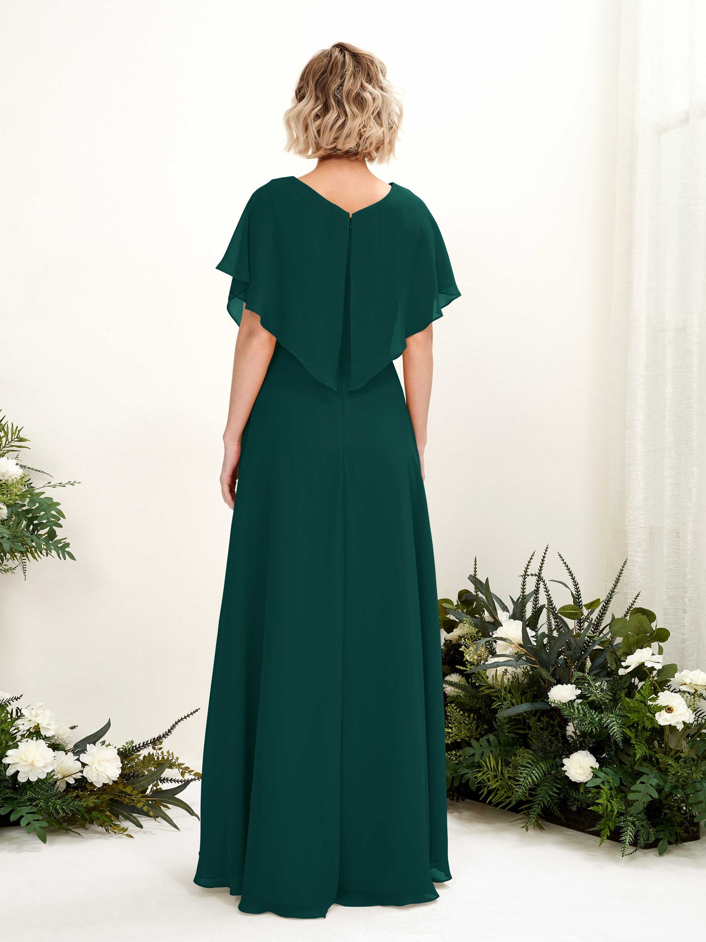 Carlyna A-Linien-Kleid V-Ausschnitt Flatterärmel Bodenlang Brautjungfernkleid Dunkelsmaragd #farbe_dunkelsmaragd
