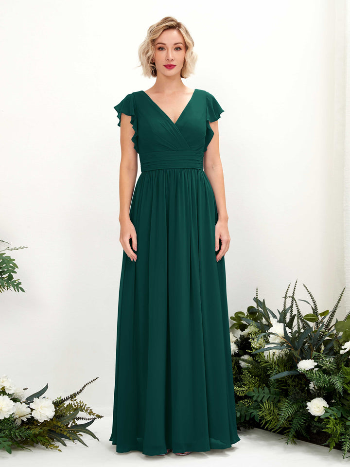 Carlyna A-Linien-Kleid V-Ausschnitt Flatterärmel Bodenlang Brautjungfernkleid Dunkelsmaragd 