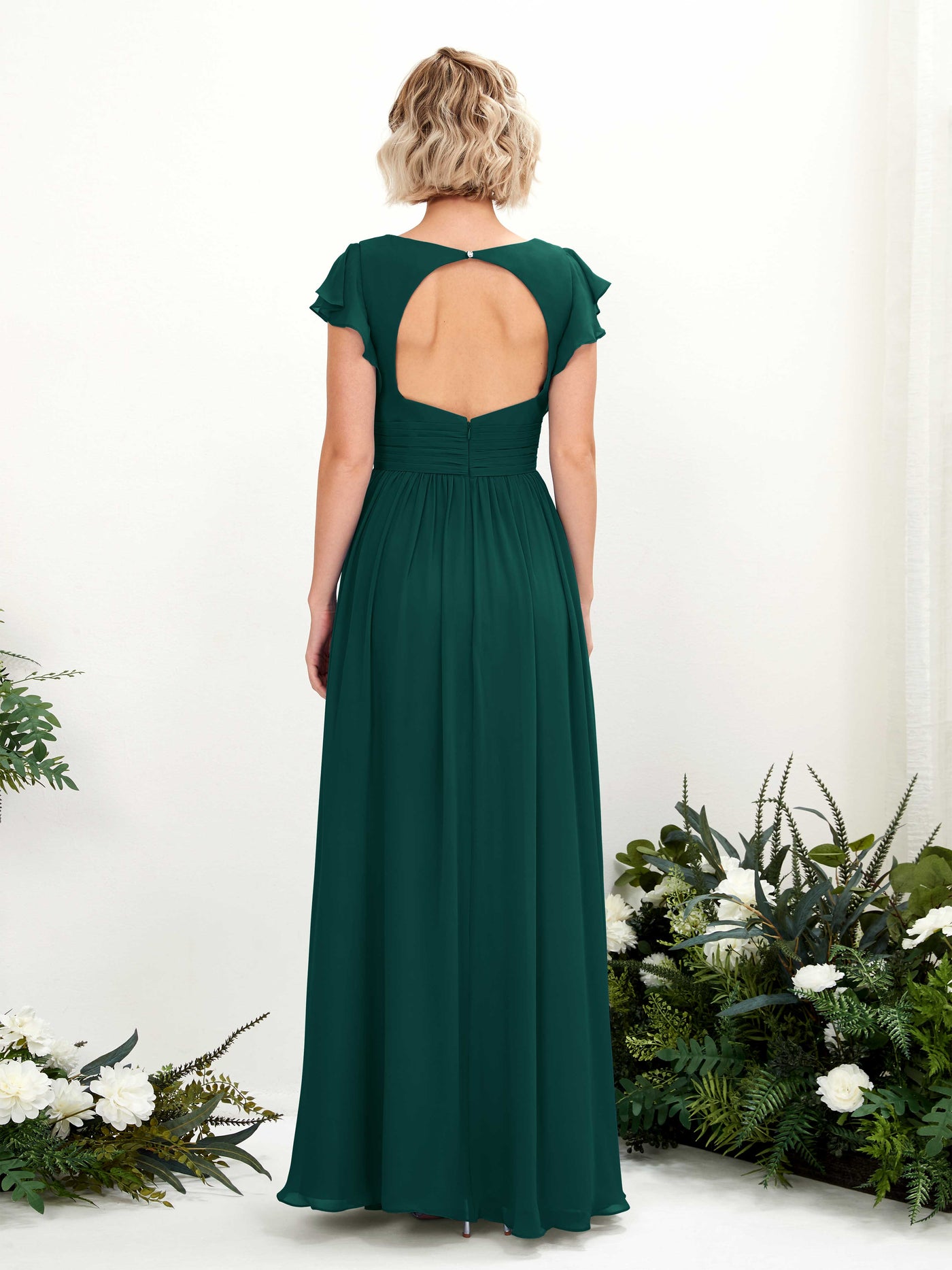 Carlyna A-Linien-Kleid V-Ausschnitt Flatterärmel Bodenlang Brautjungfernkleid Dunkelsmaragd #farbe_dunkelsmaragd