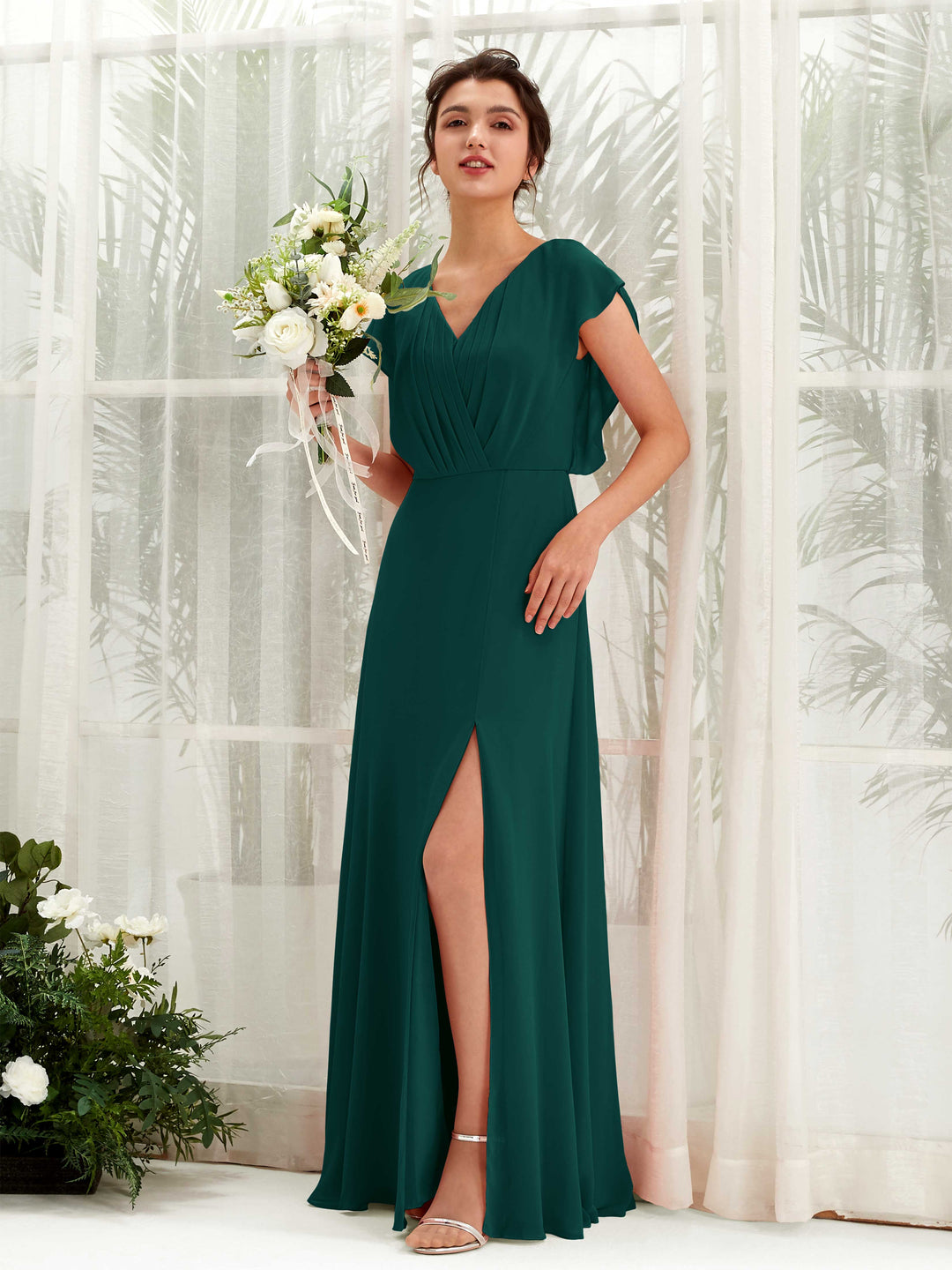 Carlyna A-Linien-Kleid V-Ausschnitt Flatterärmel Bodenlang Brautjungfernkleid Dunkelsmaragd 