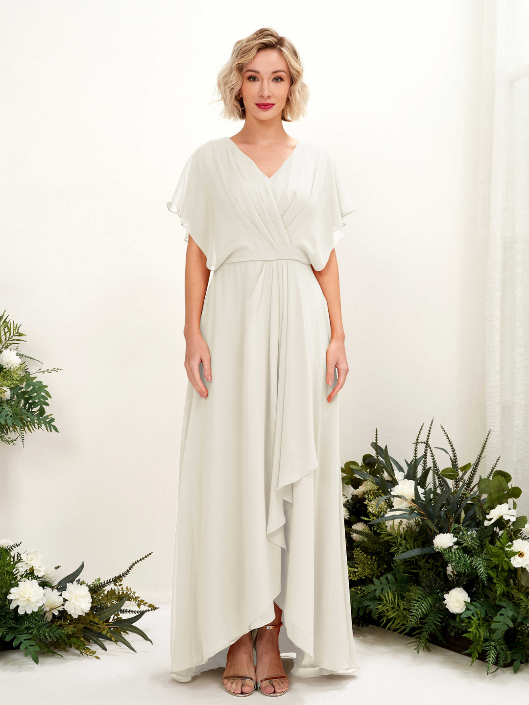Carlyna A-Linien-Kleid V-Ausschnitt Flatterärmel Bodenlang Brautjungfernkleid Elfenbein 