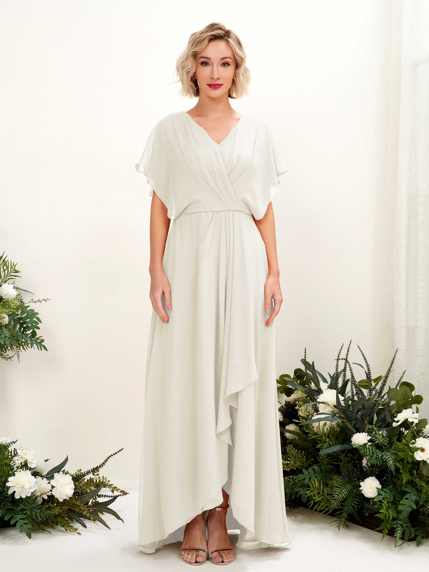 Carlyna A-Linien-Kleid V-Ausschnitt Flatterärmel Bodenlang Brautjungfernkleid Elfenbein #farbe_elfenbein