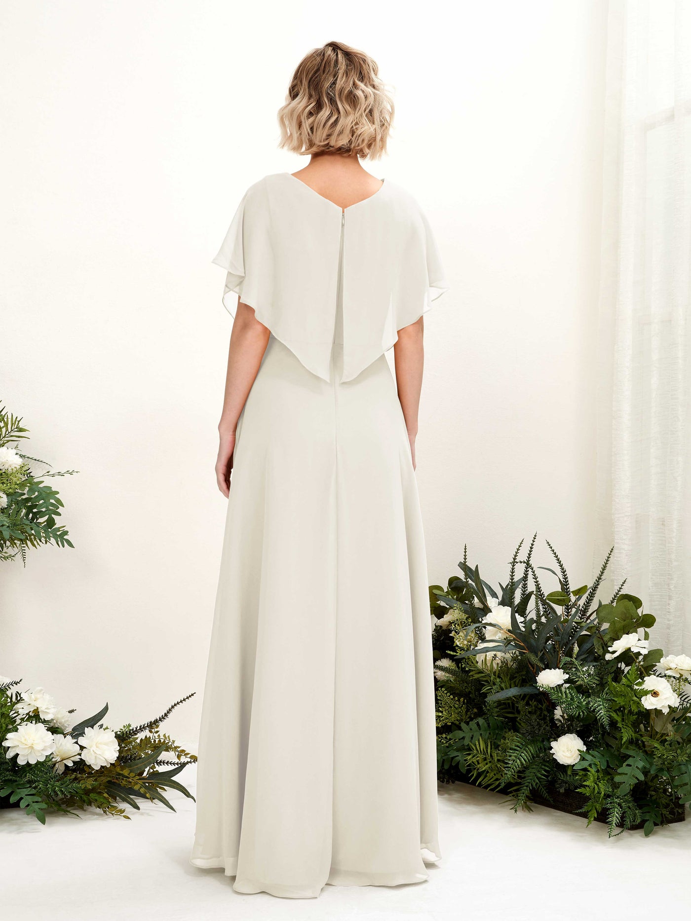 Carlyna A-Linien-Kleid V-Ausschnitt Flatterärmel Bodenlang Brautjungfernkleid Elfenbein #farbe_elfenbein