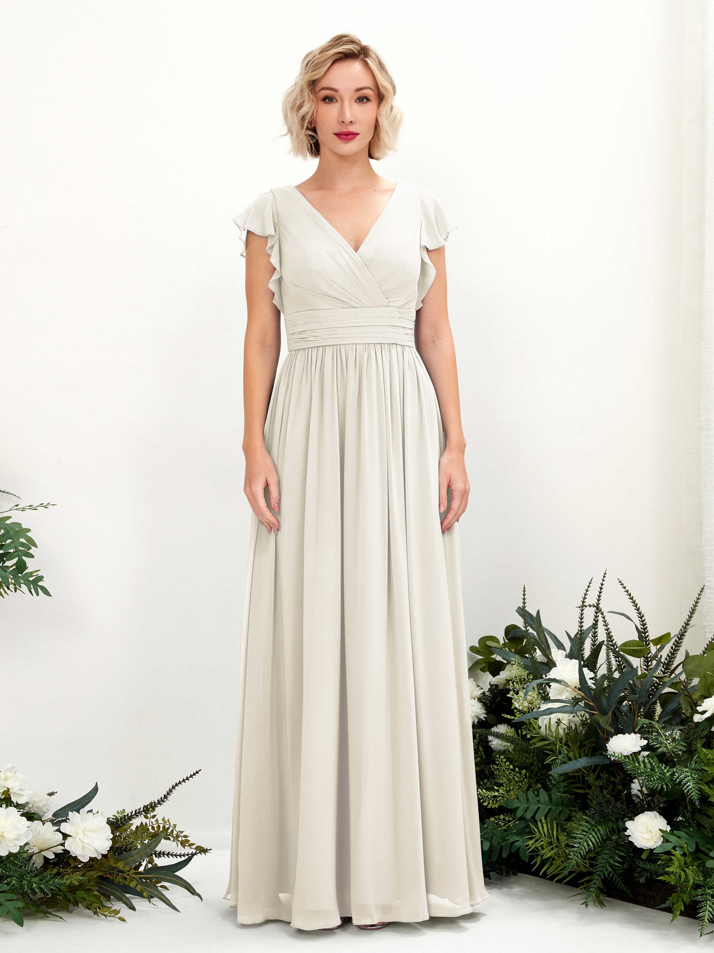 Carlyna A-Linien-Kleid V-Ausschnitt Flatterärmel Bodenlang Brautjungfernkleid Elfenbein #farbe_elfenbein