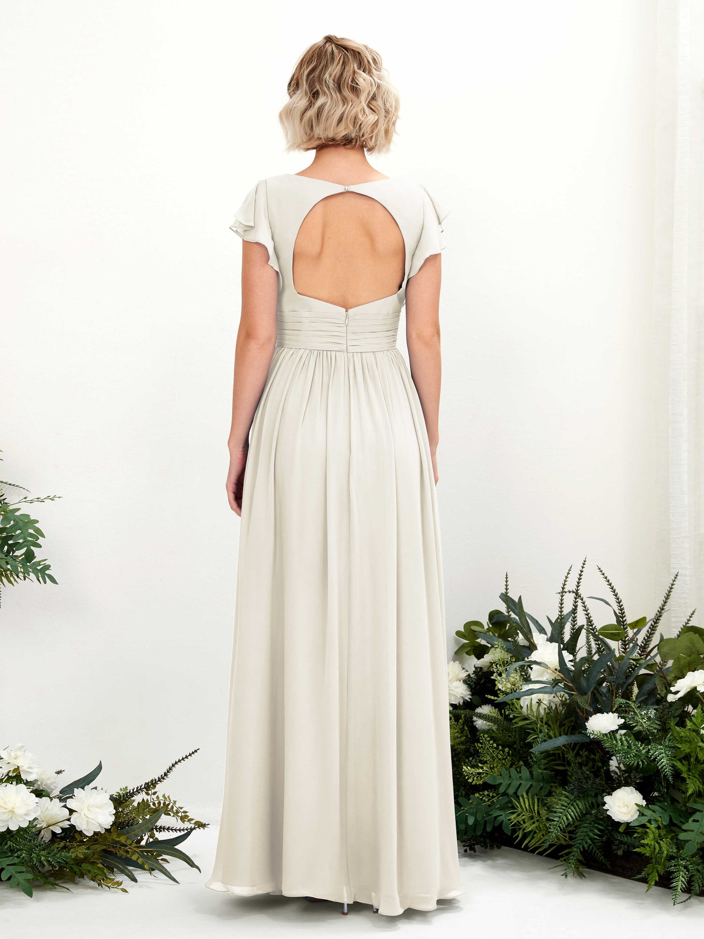 Carlyna A-Linien-Kleid V-Ausschnitt Flatterärmel Bodenlang Brautjungfernkleid Elfenbein #farbe_elfenbein