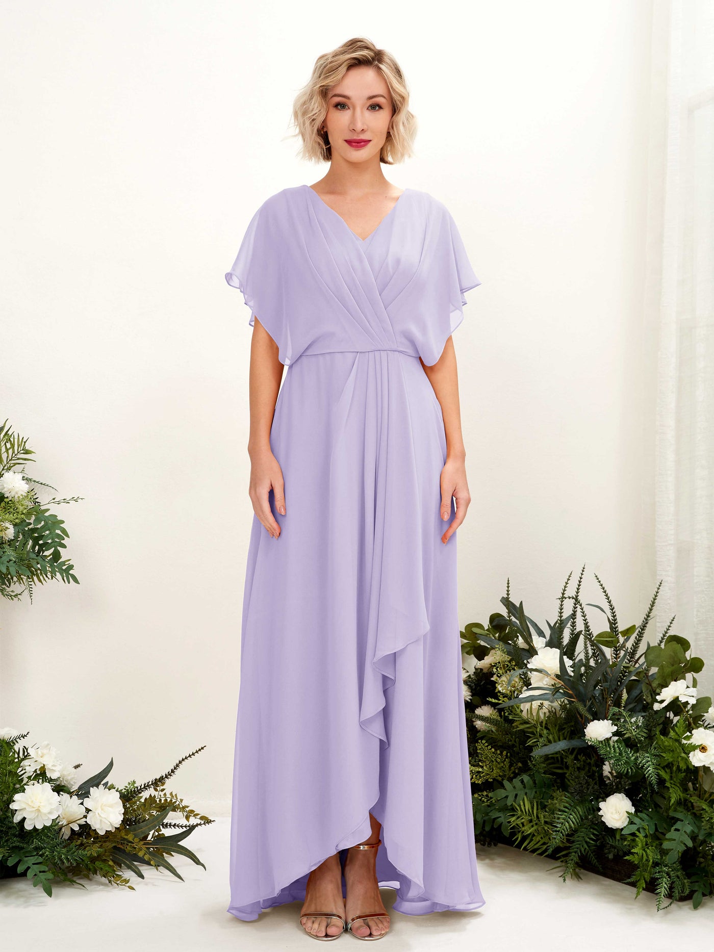 Carlyna A-Linien-Kleid V-Ausschnitt Flatterärmel Bodenlang Brautjungfernkleid Flieder #farbe_flieder