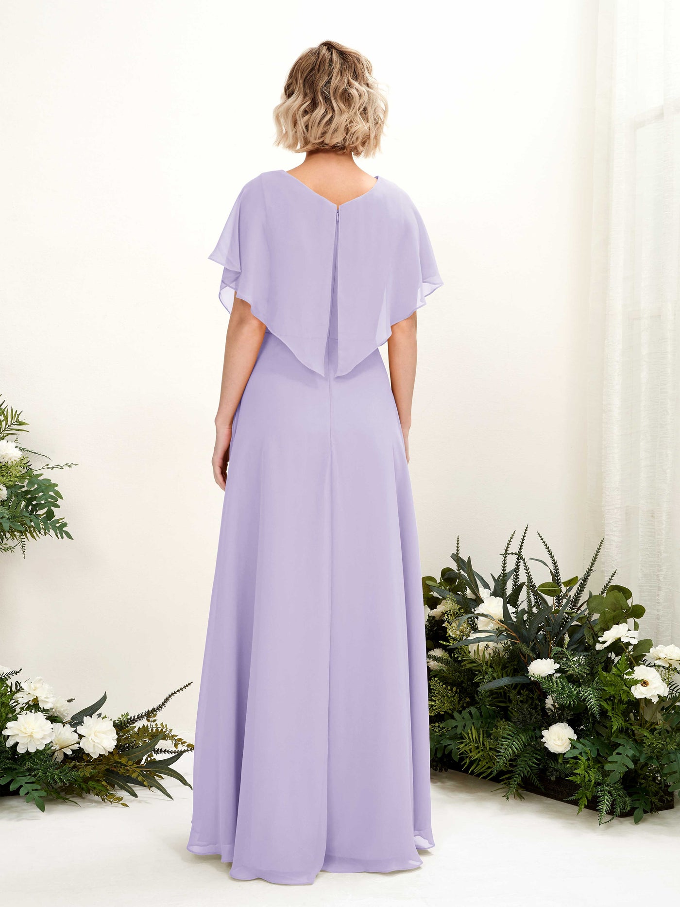 Carlyna A-Linien-Kleid V-Ausschnitt Flatterärmel Bodenlang Brautjungfernkleid Flieder #farbe_flieder