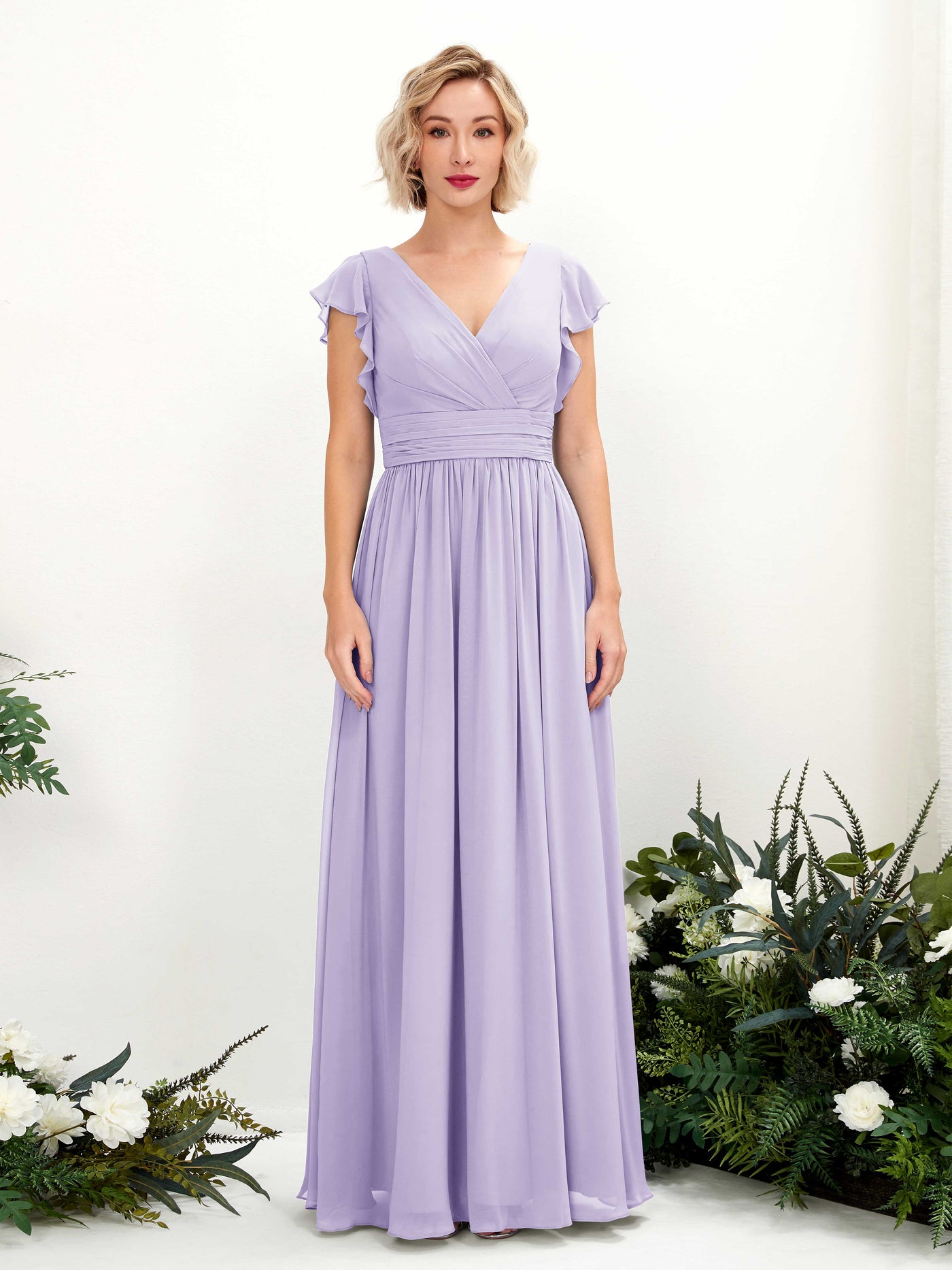Carlyna A-Linien-Kleid V-Ausschnitt Flatterärmel Bodenlang Brautjungfernkleid Flieder #farbe_flieder