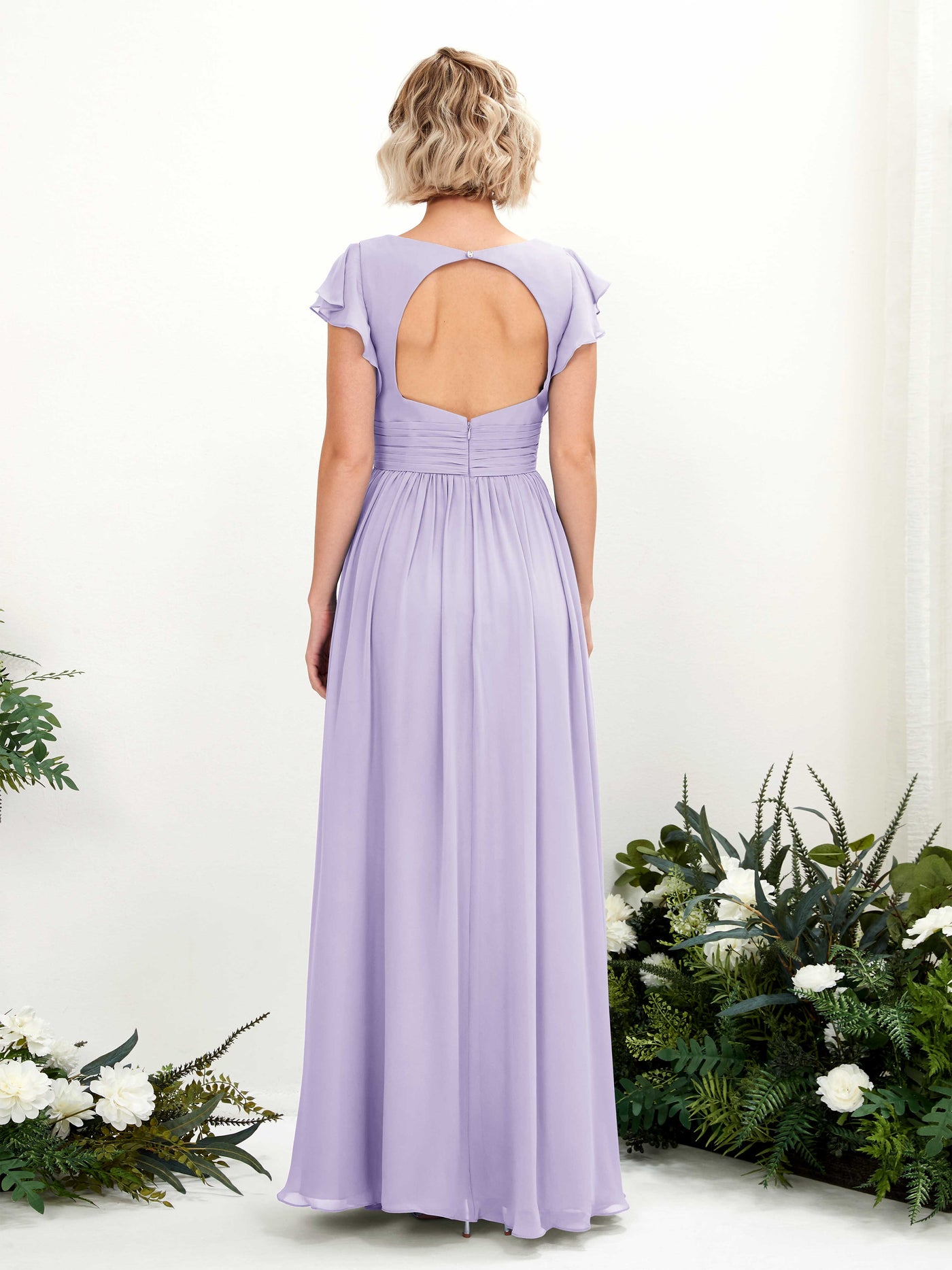 Carlyna A-Linien-Kleid V-Ausschnitt Flatterärmel Bodenlang Brautjungfernkleid Flieder #farbe_flieder