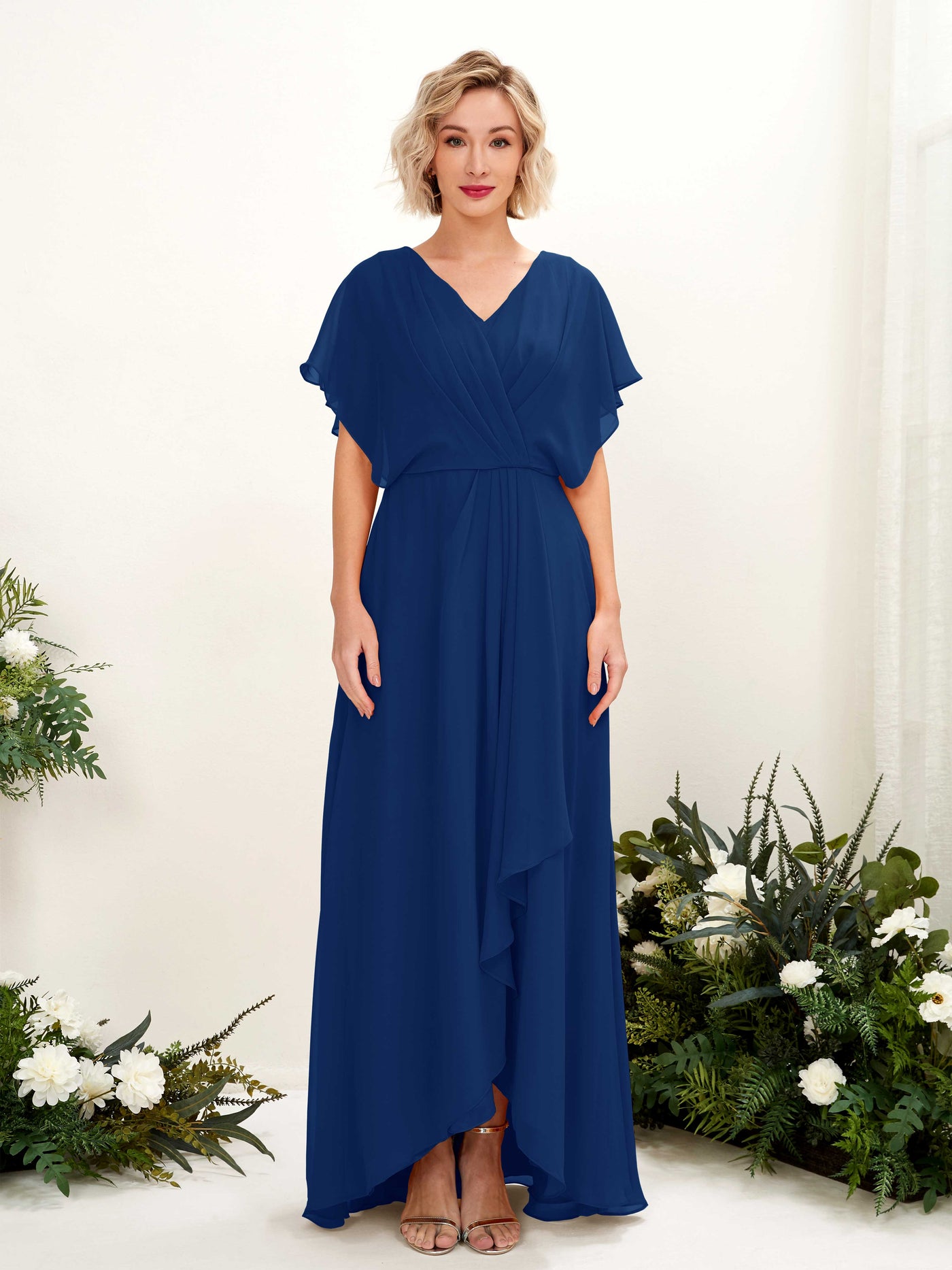 Carlyna A-Linien-Kleid V-Ausschnitt Flatterärmel Bodenlang Brautjungfernkleid Königsblau #farbe_k-nigsblau