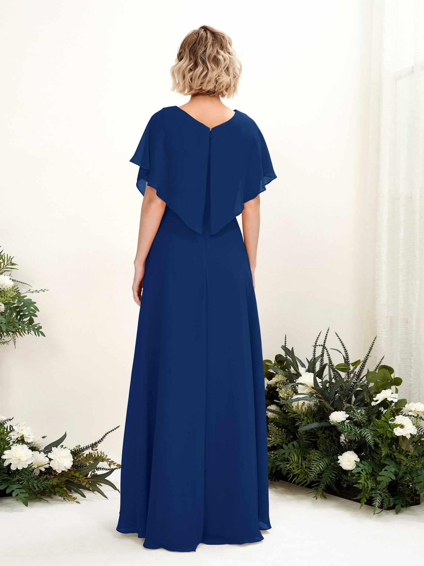 Carlyna A-Linien-Kleid V-Ausschnitt Flatterärmel Bodenlang Brautjungfernkleid Königsblau #farbe_k-nigsblau