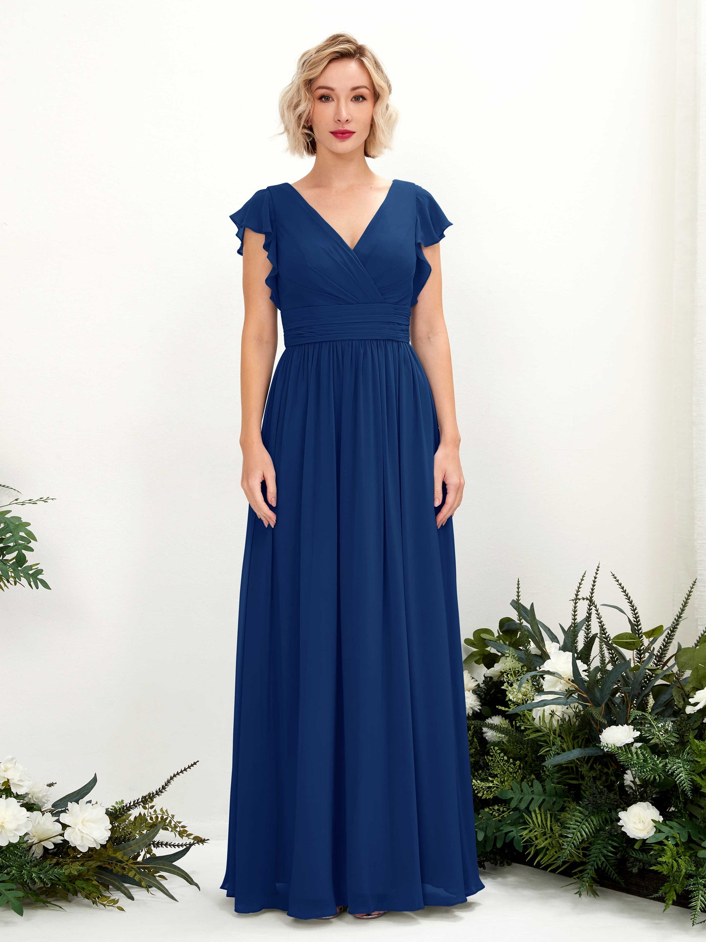 Carlyna A-Linien-Kleid V-Ausschnitt Flatterärmel Bodenlang Brautjungfernkleid Königsblau #farbe_k-nigsblau