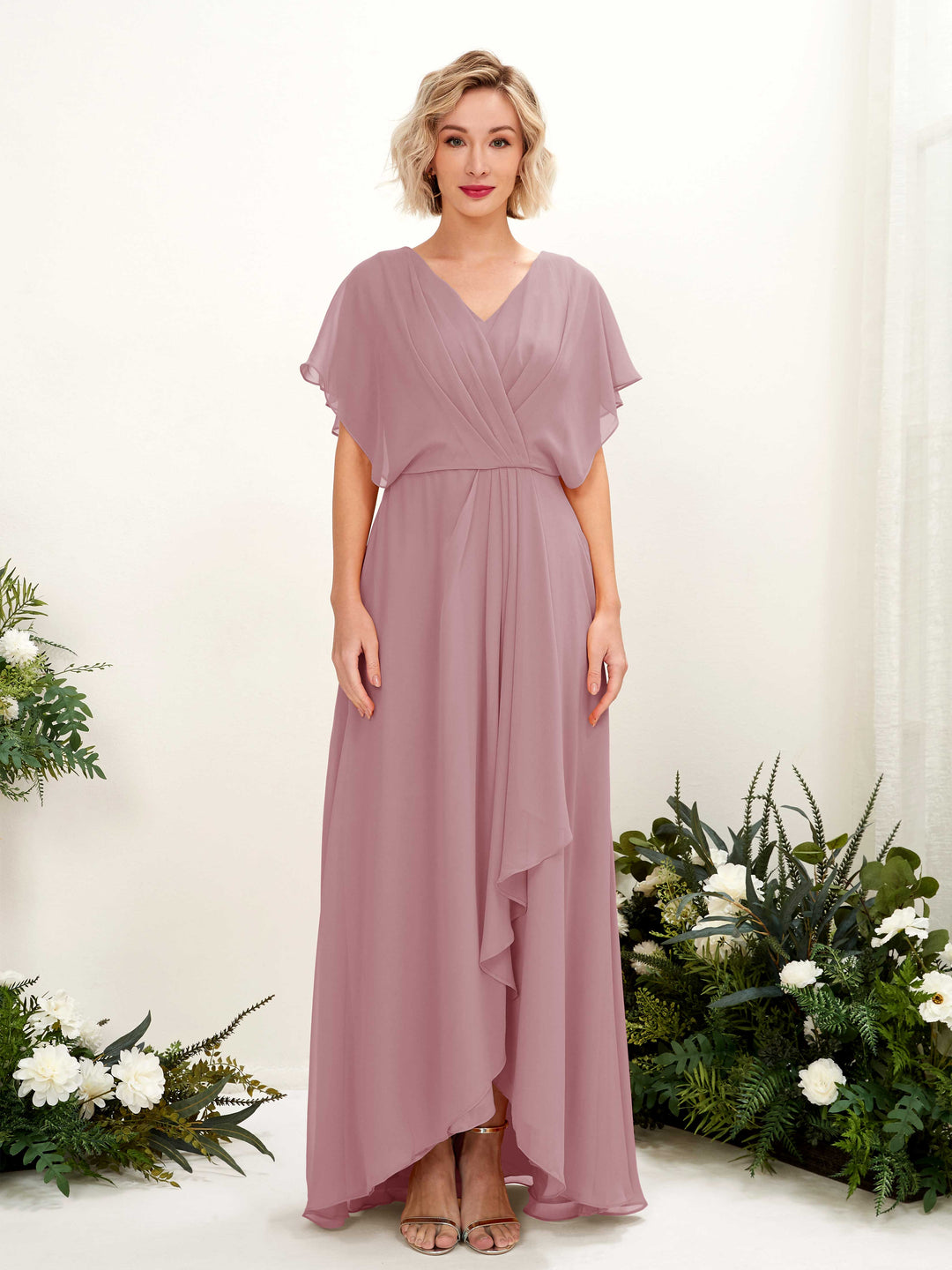 Carlyna A-Linien-Kleid V-Ausschnitt Flatterärmel Bodenlang Brautjungfernkleid Klassisch Mauve 
