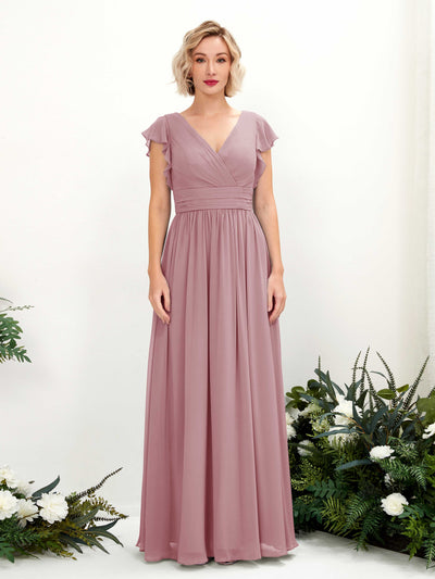 Carlyna A-Linien-Kleid V-Ausschnitt Flatterärmel Bodenlang Brautjungfernkleid Klassisch Mauve #farbe_klassisch-mauve