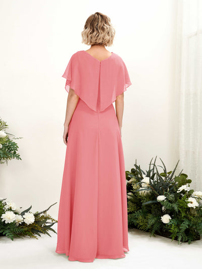 Carlyna A-Linien-Kleid V-Ausschnitt Flatterärmel Bodenlang Brautjungfernkleid Korallenrosa #farbe_korallenrosa