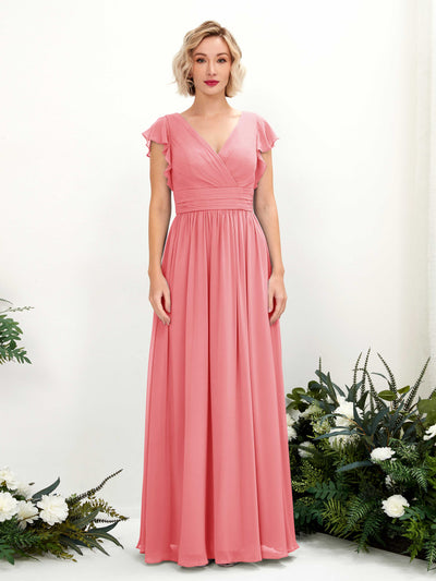 Carlyna A-Linien-Kleid V-Ausschnitt Flatterärmel Bodenlang Brautjungfernkleid Korallenrosa #farbe_korallenrosa