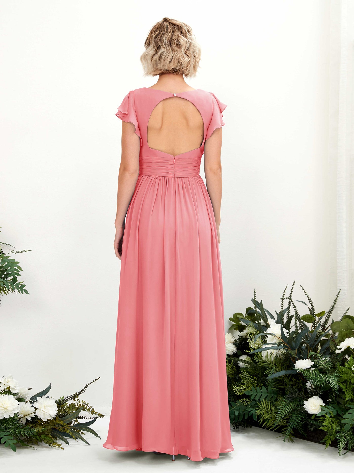 Carlyna A-Linien-Kleid V-Ausschnitt Flatterärmel Bodenlang Brautjungfernkleid Korallenrosa #farbe_korallenrosa
