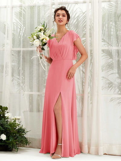 Carlyna A-Linien-Kleid V-Ausschnitt Flatterärmel Bodenlang Brautjungfernkleid Korallenrosa #farbe_korallenrosa