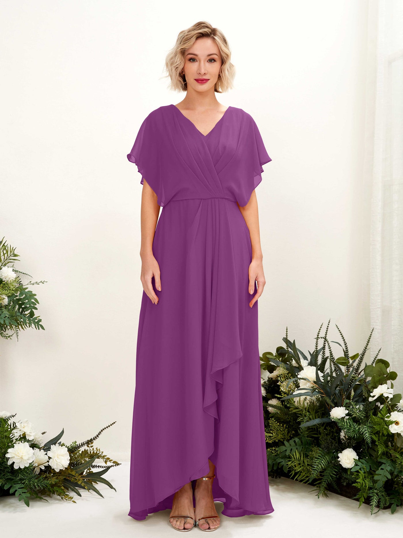 Carlyna A-Linien-Kleid V-Ausschnitt Flatterärmel Bodenlang Brautjungfernkleid Lila #farbe_lila