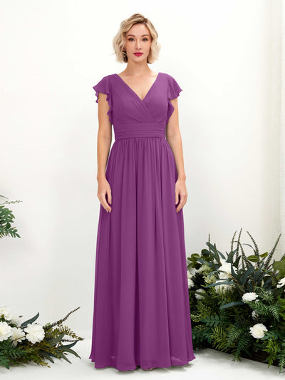 Carlyna A-Linien-Kleid V-Ausschnitt Flatterärmel Bodenlang Brautjungfernkleid Lila #farbe_lila
