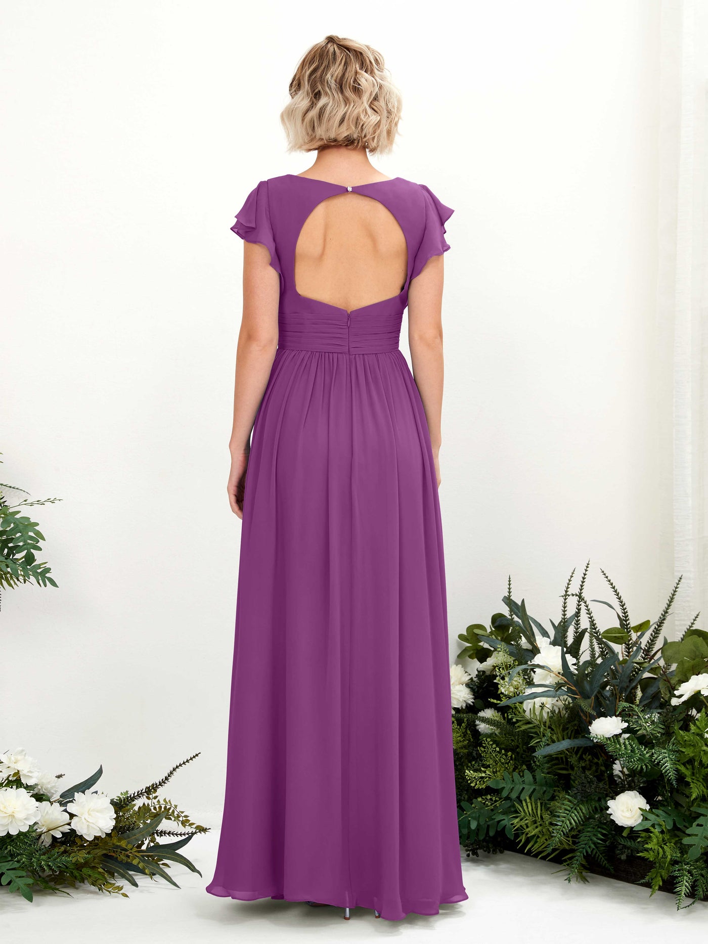 Carlyna A-Linien-Kleid V-Ausschnitt Flatterärmel Bodenlang Brautjungfernkleid Lila #farbe_lila