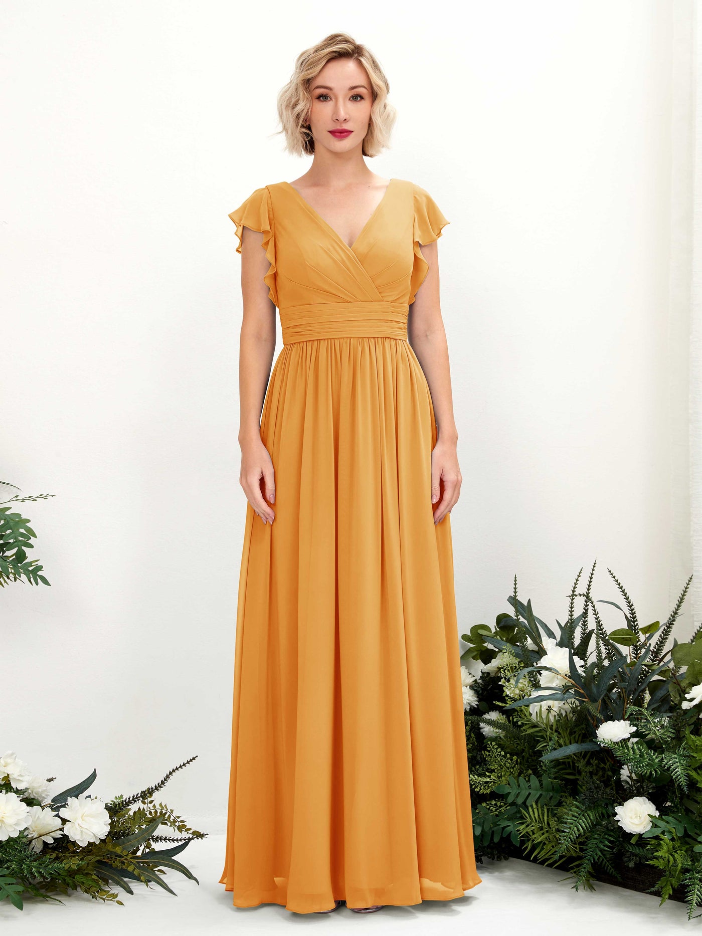 Carlyna A-Linien-Kleid V-Ausschnitt Flatterärmel Bodenlang Brautjungfernkleid Mango #farbe_mango