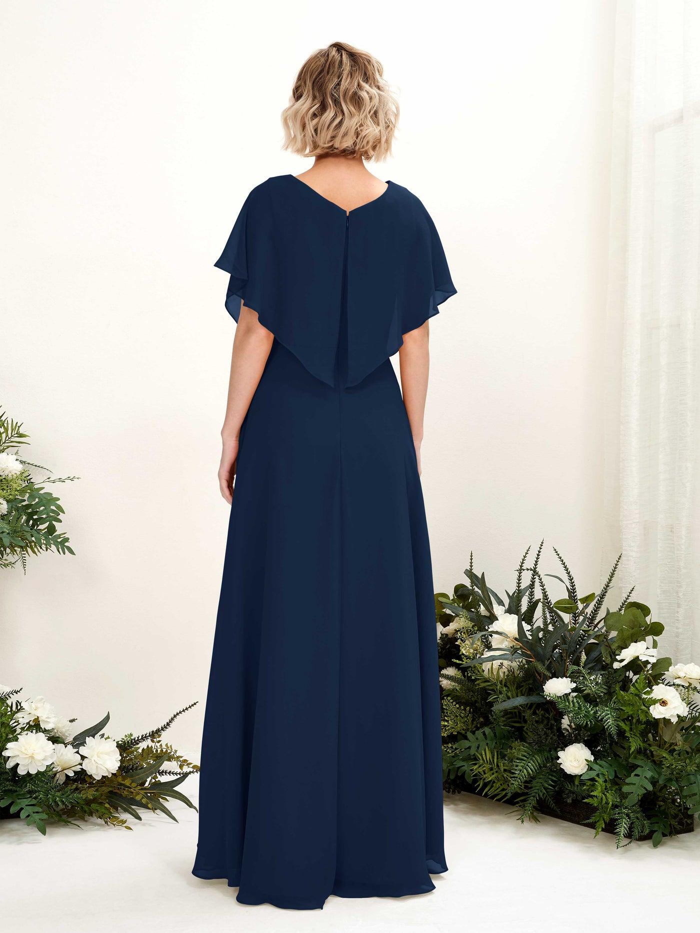 Carlyna A-Linien-Kleid V-Ausschnitt Flatterärmel Bodenlang Brautjungfernkleid Marineblau #farbe_marineblau