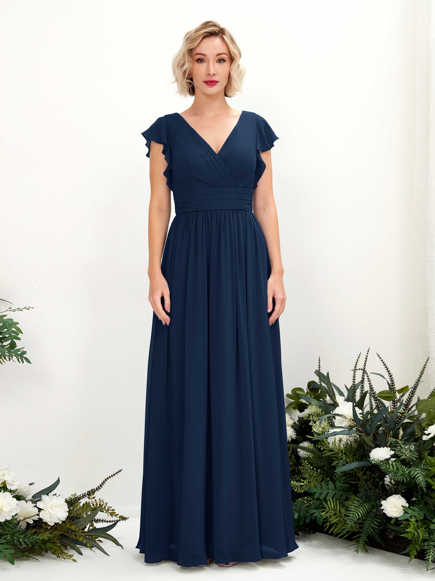 Carlyna A-Linien-Kleid V-Ausschnitt Flatterärmel Bodenlang Brautjungfernkleid Marineblau #farbe_marineblau