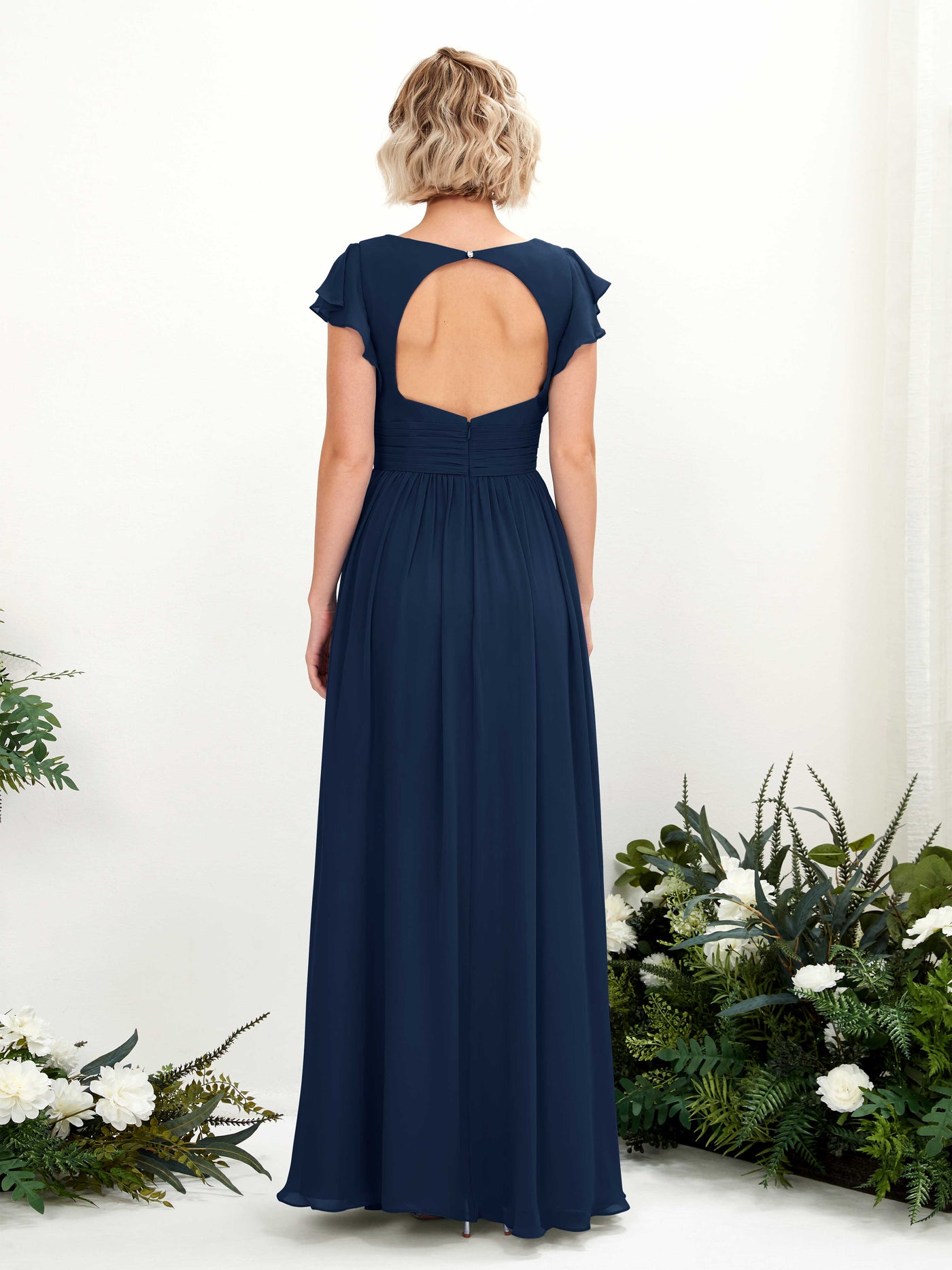 Carlyna A-Linien-Kleid V-Ausschnitt Flatterärmel Bodenlang Brautjungfernkleid Marineblau #farbe_marineblau
