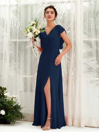 Carlyna A-Linien-Kleid V-Ausschnitt Flatterärmel Bodenlang Brautjungfernkleid Marineblau #farbe_marineblau