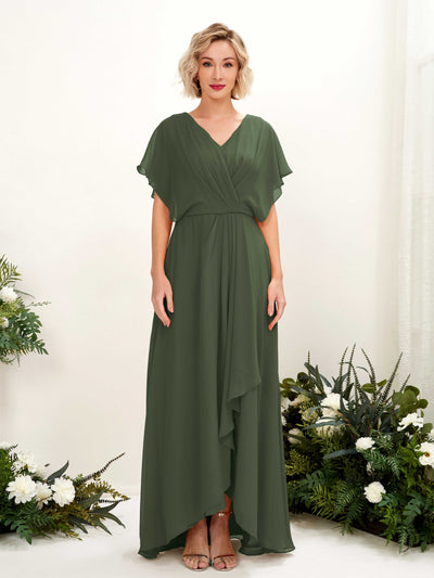 Carlyna A-Linien-Kleid V-Ausschnitt Flatterärmel Bodenlang Brautjungfernkleid Martini-Olive #farbe_martini-olive